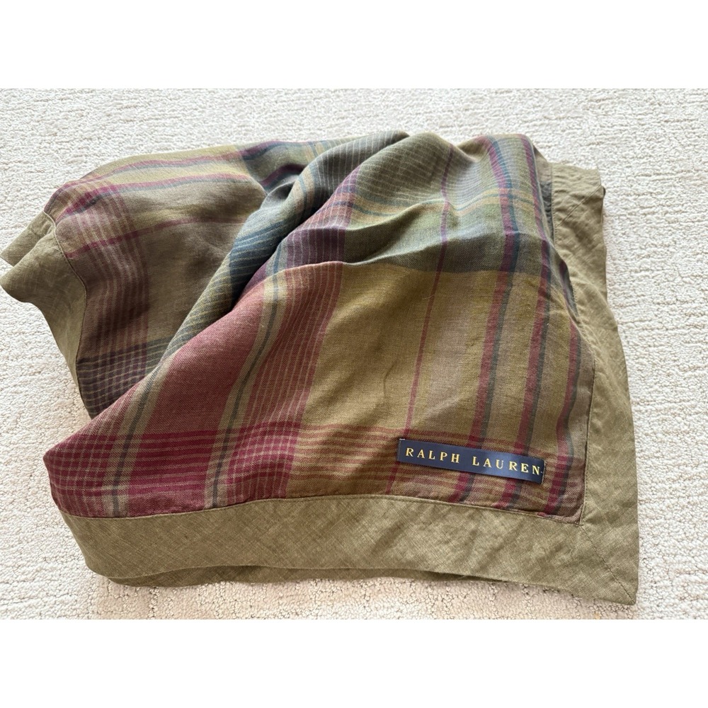 RALPH LAUREN Home Plaid Linen 90" Throw Blanket Green Brown Preppy Academia